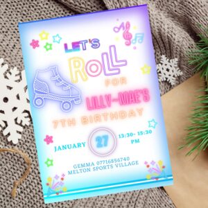 Editable skate party birthday invitation with retro neon lights and roller skates.
