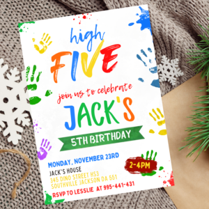 Fun and playful party invite featuring a colorful handprint design.