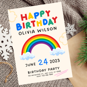 Printable birthday party invite featuring a vibrant rainbow design.
