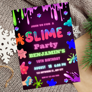 Editable slime birthday invitation with neon and glow-in-the-dark colors.