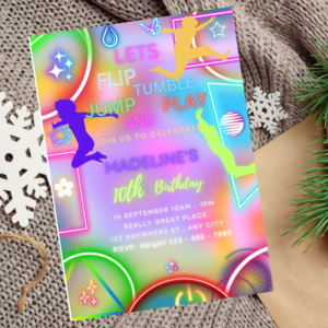 Editable rainbow gymnastics birthday invitation with tumbling silhouettes.