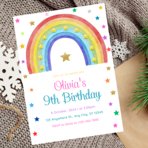 Editable boho rainbow birthday invitation with gold star accents.