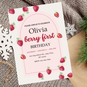 Editable strawberry-themed first birthday invitation with cute berry design