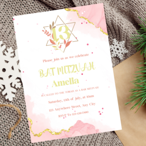 Editable Bat Mitzvah invitation for girls with elegant design and modern layout.