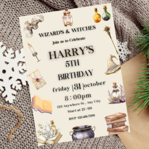 Editable wizard-themed birthday invitation with magical school design.