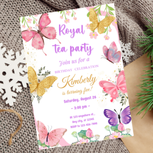 Editable royal tea party invitation for a girl's 5th birthday celebration.