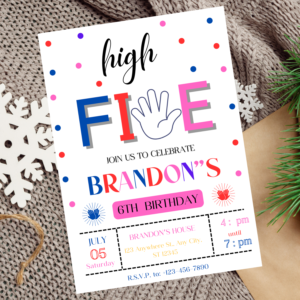 Editable High Five birthday invitation with colorful handprint design.