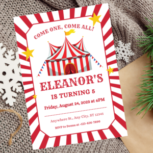 Editable carnival birthday invitation with red and white striped tent.