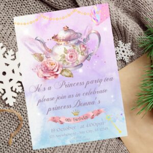 Editable princess tea party birthday invitation with floral teapot design