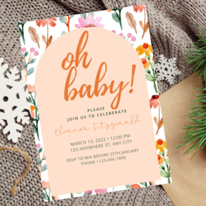 Editable baby shower invitation with soft floral watercolor design.
