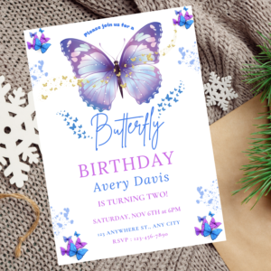 Editable purple butterfly birthday invitation template for girls
