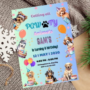 Printable puppy party invitation with cute paw prints and bones.