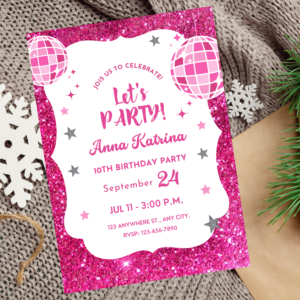 Editable pink sparkle birthday invitation with glitter-inspired design for girls