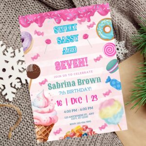 Editable pink “Sweet and Sassy Seven” birthday invitation with desserts.
