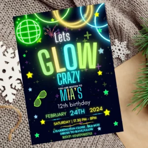 Editable glow party birthday invitation with neon lights design.