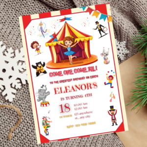 Editable carnival birthday invitation with circus tent and balloons.