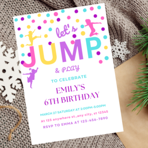 Editable girls’ birthday party invitation with jump and bounce theme