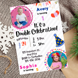 Editable sibling birthday invitation template with two names and ages.