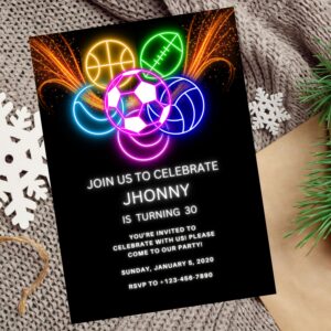 Editable neon sports birthday invitation with glow effect and athletic theme.