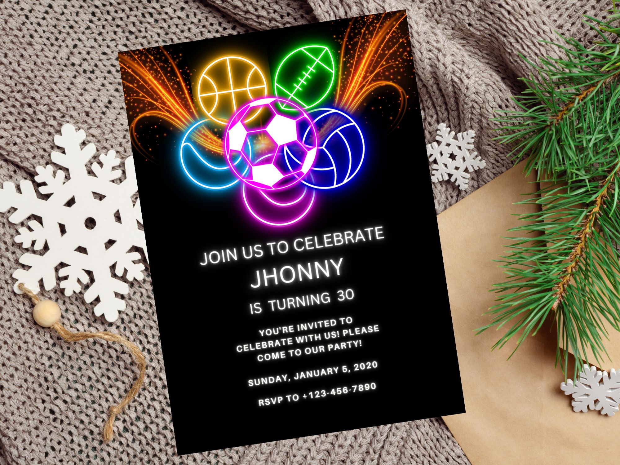 Editable neon sports birthday invitation with glow effect and athletic theme.