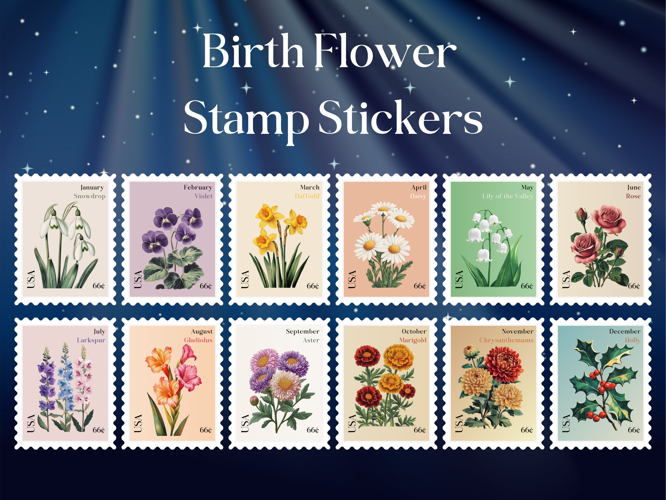 Twelve vintage-style stamp stickers featuring birth month flowers. Each sticker is rectangular and has a white border with a blue outline. The stickers are arranged in a grid of four rows and three columns. The flowers are depicted in a realistic style and are labeled with the month and flower name. The text 'Birth Flower Stamp Stickers' is displayed at the top of the image.