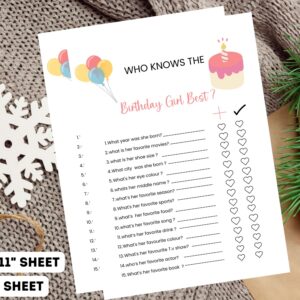 Printable birthday quiz game titled “Who Knows the Birthday Girl Best?”