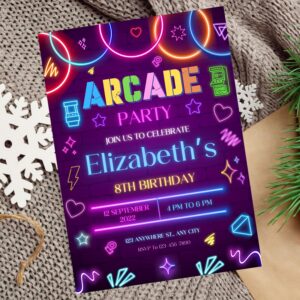 Editable arcade-themed birthday party invitation with neon game design.