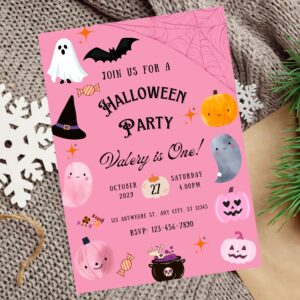 Editable Halloween birthday invitation with cute ghost illustrations.