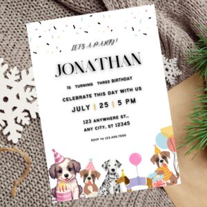 Editable dog-themed birthday invitation with playful puppy graphics.