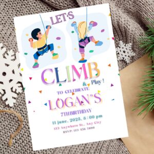 Editable rock climbing birthday invitation for girls or boys.