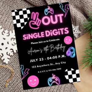 Editable Peace Out Single Digits birthday invitation with checkered design.