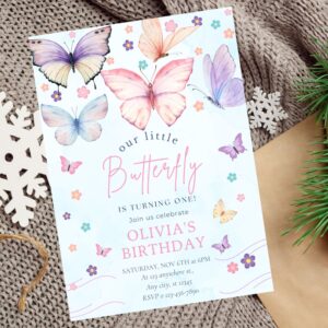 Editable butterfly birthday invitation for girls with pastel colors.