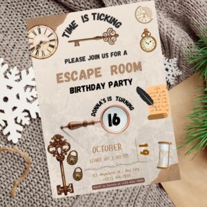 Editable escape room birthday invitation with vintage paper background.