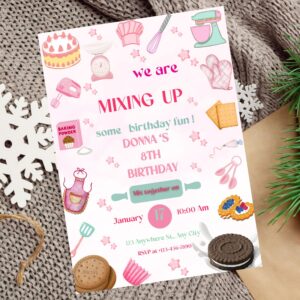 Editable baking birthday invitation featuring cute kitchen utensils and mixing bowls.