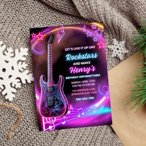 Editable rockstar birthday invitation with neon guitar and concert lights.