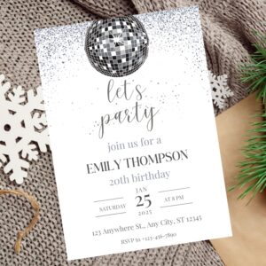Digital party invite featuring black and silver theme with sparkling disco lights