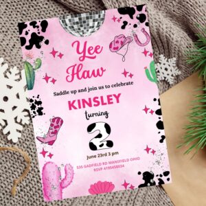 Disco-themed cowgirl party invite in pink and silver with editable text.