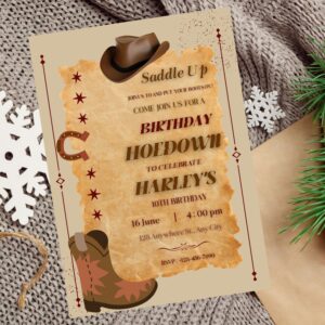 Editable cowboy birthday party invitation with rustic western design.