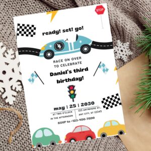 Editable race car birthday invitation for boys with red and black theme