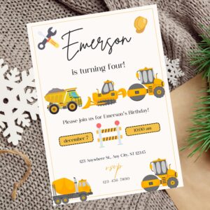 Editable construction-themed birthday invitation with trucks