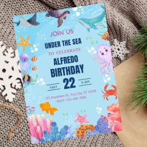 Editable under the sea birthday invitation with ocean animals
