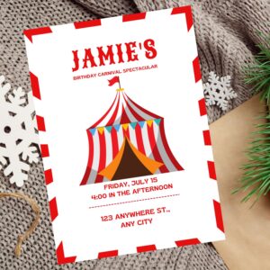 Editable carnival birthday invitation with red and white striped tent design.
