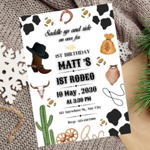 Editable western birthday invitation with cowboy hat and boots design.