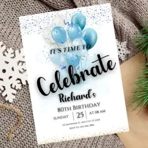 Digital blue and black party invite for a relaxed birthday gathering.