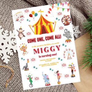 Editable carnival birthday invitation with circus tent and balloons.