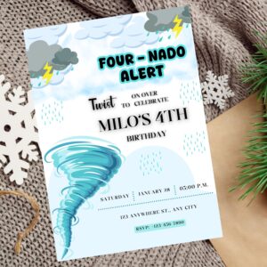 Printable storm-themed party invitation for a wild and windy fourth birthday