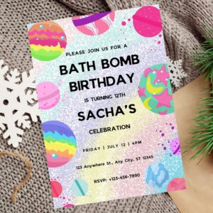 Editable bath bomb birthday invitation with pastel spa elements.