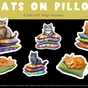 May include: Six die-cut vinyl stickers featuring cats on colorful pillows. The stickers are arranged in a grid pattern on a black background. The text 'CATS ON PILLOW' is displayed in a gold banner at the top of the image. The text '6 DIE-CUT Vinyl Stickers' is displayed in a smaller gold banner below the main text. The text 'URBANVIBEAU 2004. ALL RIGHTS RESERVED. IMAGE LICENSED FOR USE BY AUTHORIZED SELLERS OF URBANVIBEAU EXCLUSIVELY FOR LISTING AND SELLING STICKERS' is displayed at the bottom of the image.