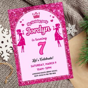 Editable pink birthday invitation with glitter sparkle accents for girls.