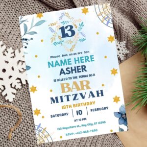Editable Bar Mitzvah invitation template with Star of David and modern layout.
